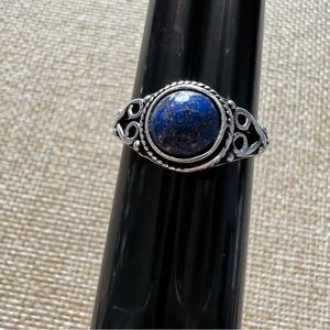 Lapis Lazuli Stone Boho Silver Overlay Ring Size 6.75